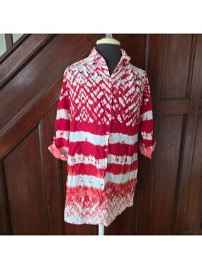 Red & White Tie-Dye Button-Down Shirt Dress With Roll-Up Sleeves 100% Cotton Siz
